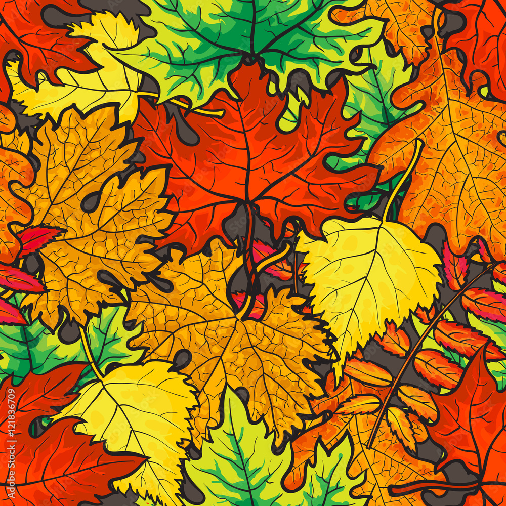 Bright and colorful autumn leaves seamless pattern, cartoon style vector illustration. Golden leaves seamless pattern for textile, prints, backgrounds, wrap and cards