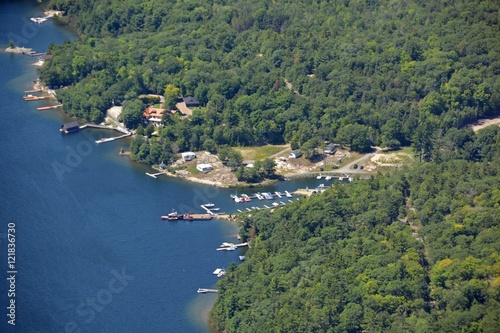 aerial view of the Georgian Bay shoreline near a marina in Carling;  Parry Sound, Ontario Canada  photo