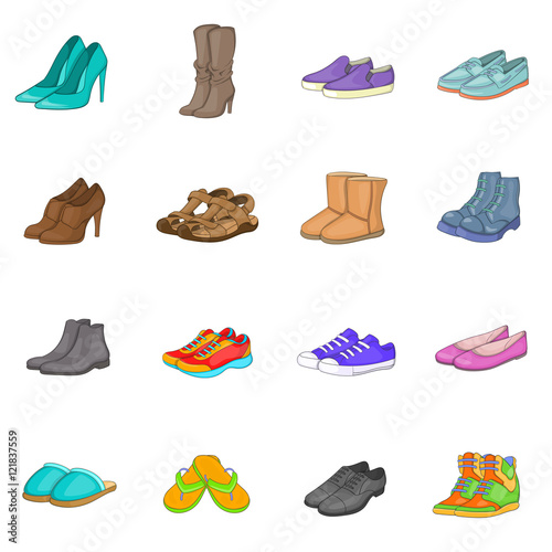 Shoe icons set in cartoon style. Men and women shoes set collection vector illustration