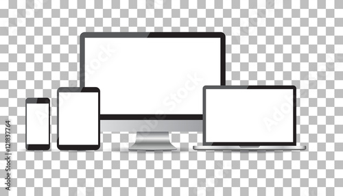 Realistic device flat Icons: smartphone, tablet, laptop and desktop computer. Vector illustration