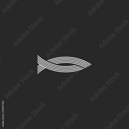 Shape fish logo monogram, parallel interweaving lines hipster fishing emblem, seafood restaurant menu symbol