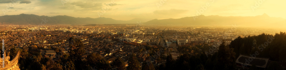 Panoramic and aerial view of Lijiang Old Town from Lijiang Lion Hill Scenic Area (Wan Gu Lou) located at Yunnan, China