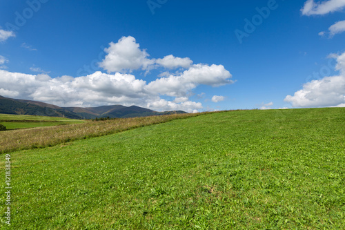 Green meadow  mountain and sky with clouds