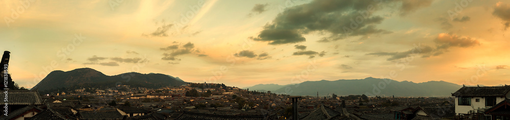 Panoramic and aerial view of Lijiang Old Town from Lijiang Lion Hill Scenic Area (Wan Gu Lou) located at Yunnan, China