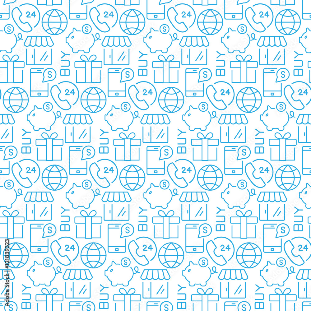 Vector seamless pattern with icons of e- commerce items.