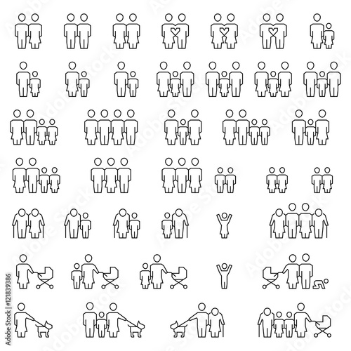 Family vector icon set in thin line style.