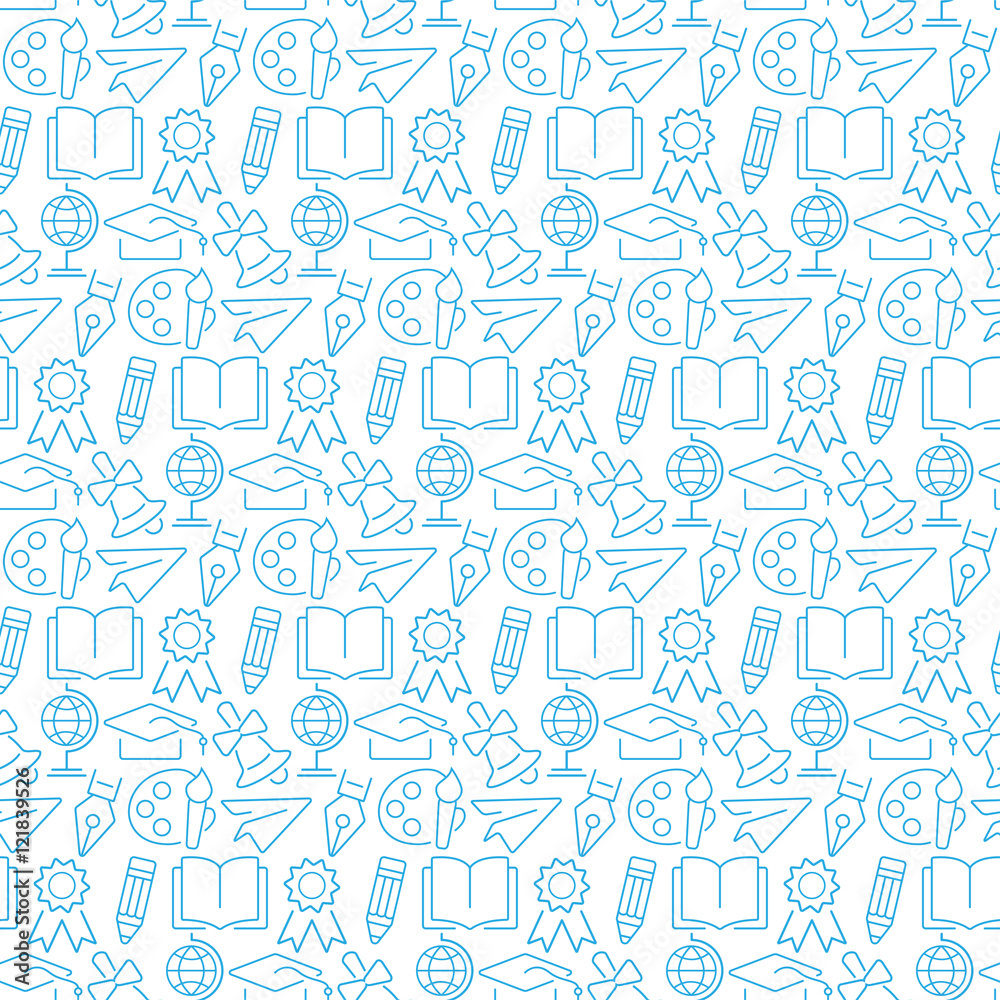 Vector seamless pattern with icons of education items.