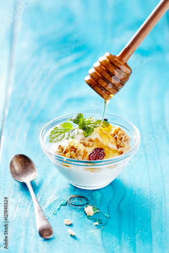 greek yogurt on blu table