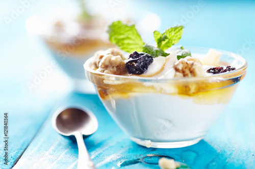 greek yogurt on blu table