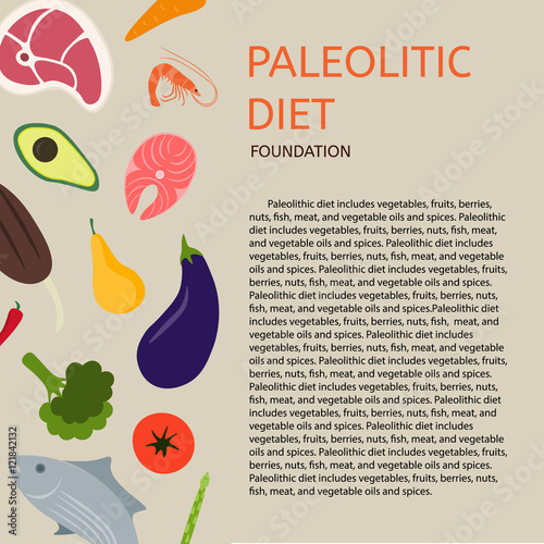 Paleo diet. Background of meat, fish, vegetables, fruits and berries.