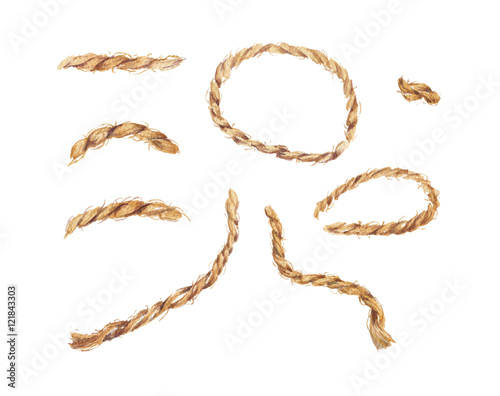 Watercolor hand drawn background with the linen rope. Set of cable ropes. Jute rope with bow watercolor. Twine. Isolated illustration on white background.