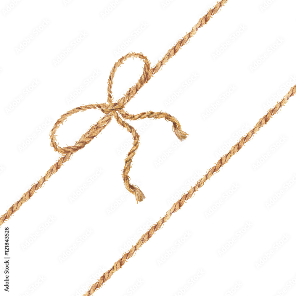 Watercolor hand drawn background with the bow-knot of the linen rope. Tie boxes for gifts. Jute rope with bow watercolor. Twine. Isolated illustration on white background.