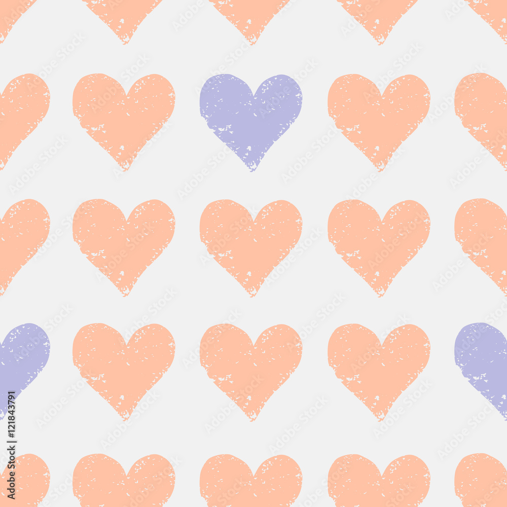 Seamless pattern with hand drawn hearts in peach and violet.