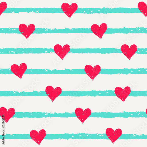 Seamless pattern with hearts and stripes in pink and blue on cream background.