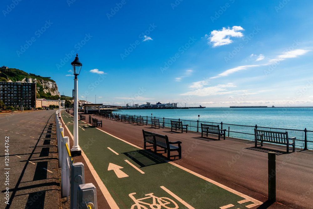 Seafront of Dover with cycle and pedestrian path at the shore of the channel city in south england, UK, Great Britian