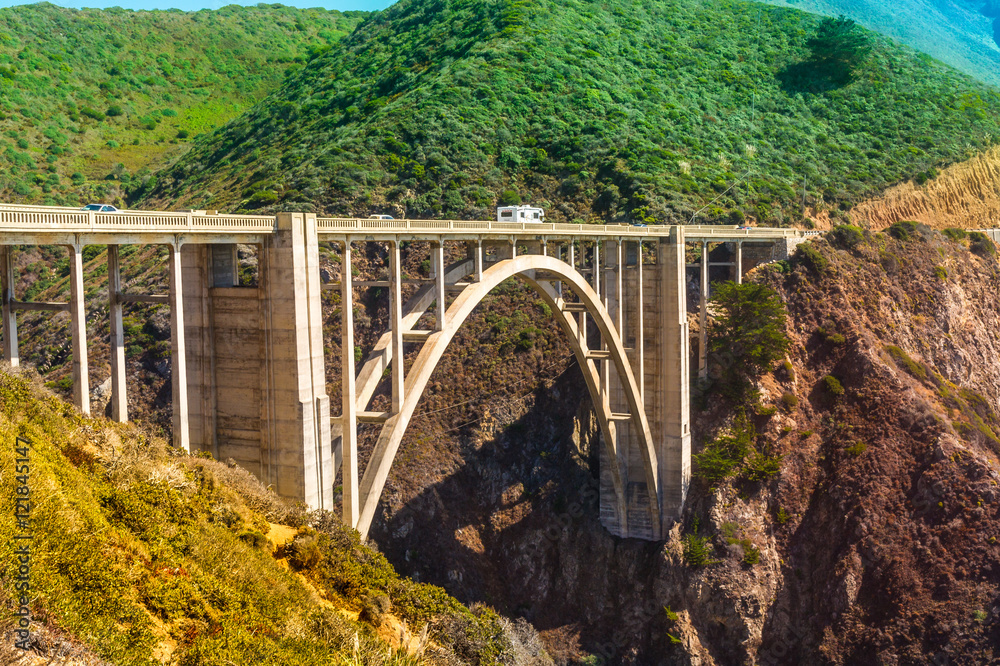 Bixby Creek Bridge on Pacific Coast Highway #1 at the US West Coast traveling south to Los Angeles, Big Sur Area, California