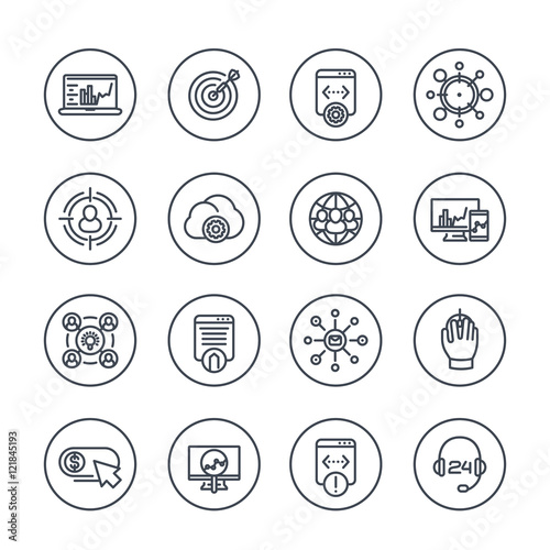 seo line icons in circles, search engine optimization, website analysis, indexing, ranking, internet marketing, seo tools