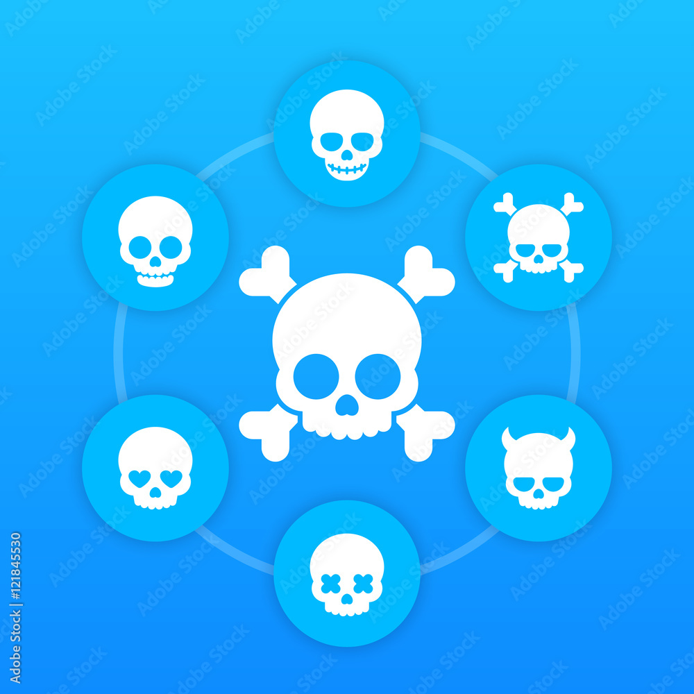 skulls icons, bones, fiend, heart-shaped eyes, in love, smiling skull, scary pictograms on blue skulls icons, bones, fiend, heart-shaped eyes, in love, smiling skull, scary pictograms on blue