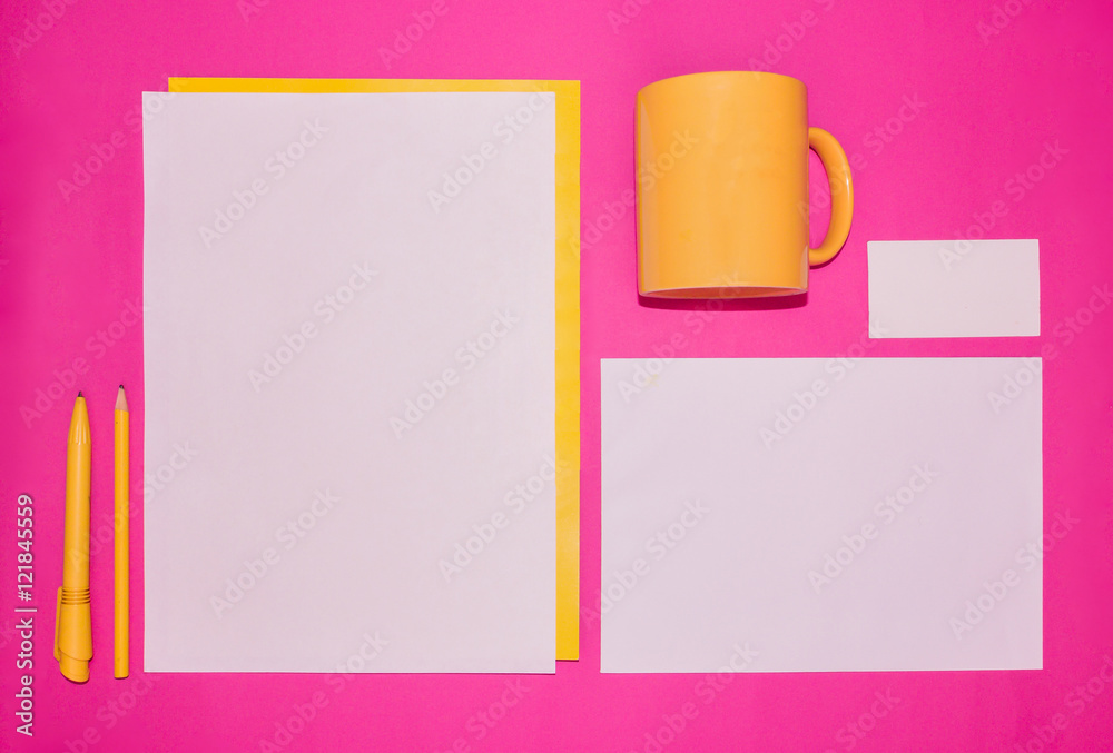 Mock-up business template with cards, papers, pen. Pink background. Mock-up business template with cards, papers, pen. Pink background.