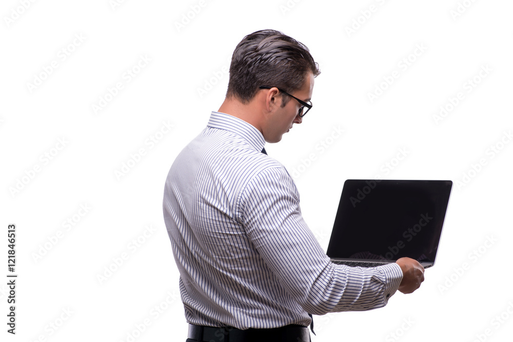 Handsome businessman working with laptop computer isolated on wh Handsome businessman working with laptop computer isolated on wh