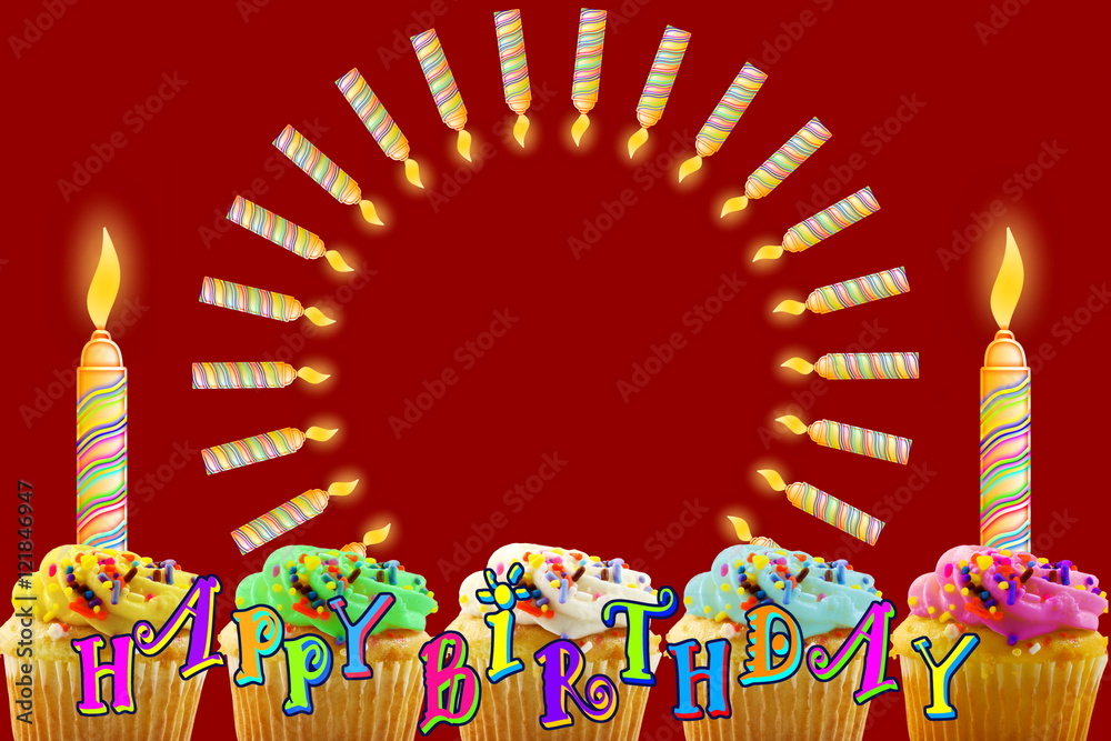 Obraz premium Birthday greeting card with cupcake and candles