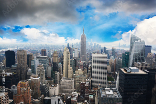 New York City skyline with beautiful clouds and blue sky