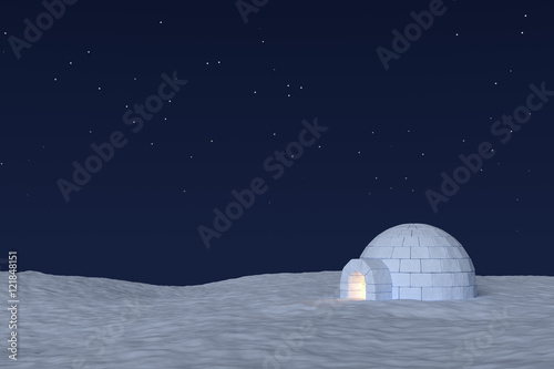 Igloo icehouse with warm light inside under sky with stars