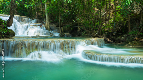 Green landscape with green waterfall   Erawan waterfall   Loacated Karnjanaburi Province   Thailand