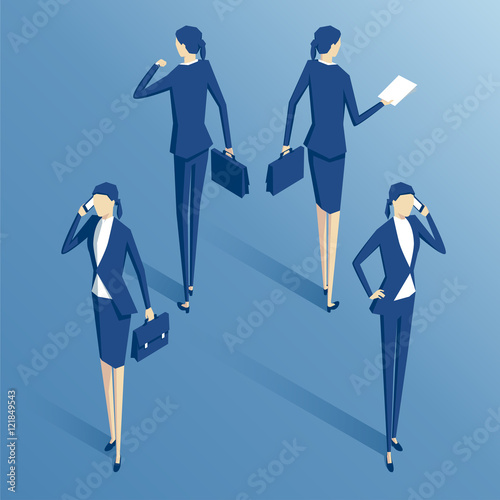 isometric  businesswoman standing with the phone,with  a briefcase, with documents, and with a wristwatch, isometric business people set