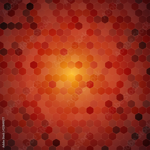 Vector abstract orange background with hexagon shapes different opacity with central glow.