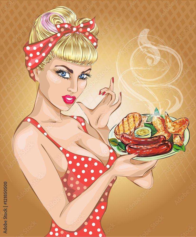 Pop Art woman with foog plate. Pin-up girl, BBQ, sausage. Fashion, sexy  wife, vector vector de Stock | Adobe Stock