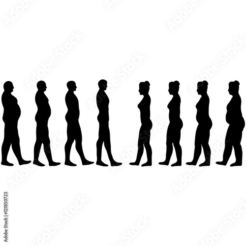 weight loss men and women, slimming silhouettes of men and women in vector on white
