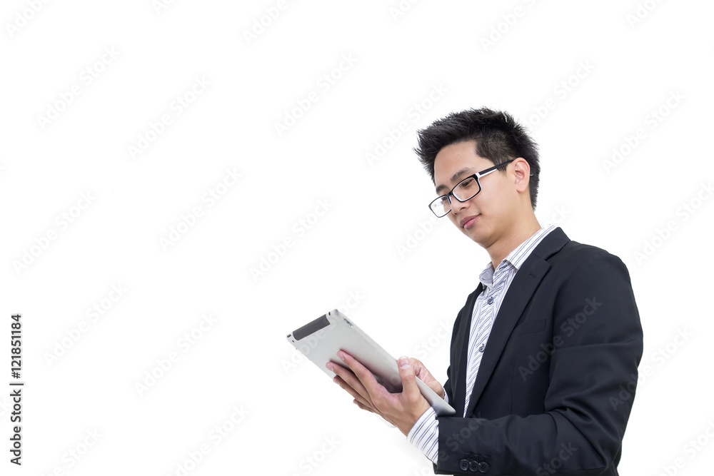 Portrait of a smart asian confident businessman holding tablet