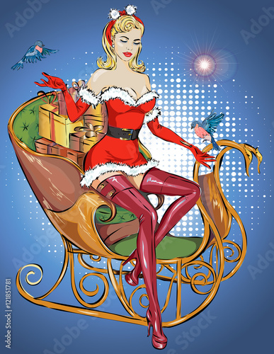 Pin up Christmas girl on Santa's sleigh, Happy New Year 2017, hand drawn vector