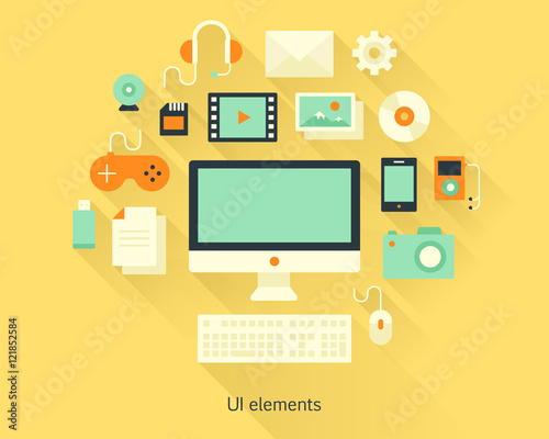 Content concept monitor with keyboard, documents and devices in flat design style. Infographics and multimedia icons. Vector illustration.