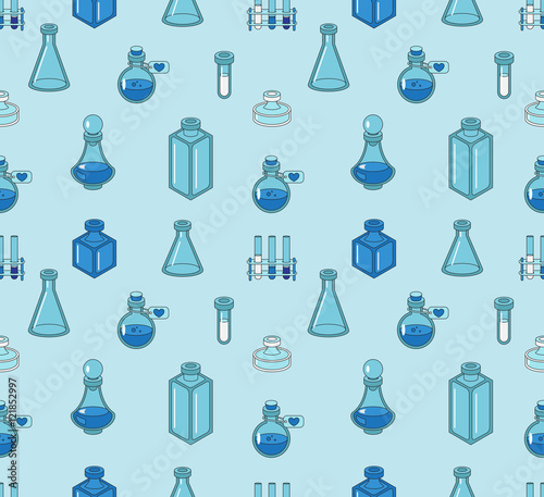 Seamless color pattern with apothecary and medical beakers