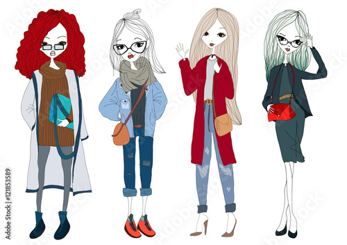 Fashion Girl Collection with Four Beautiful Stylish Girls Wearing Trendy Clothes. Isolated Fashion Model Set Illustration for Book, Magazine and Blog Illustrations