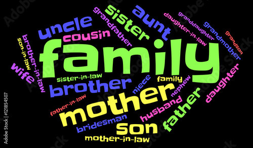 Stylish family word cloud on black background, social concept