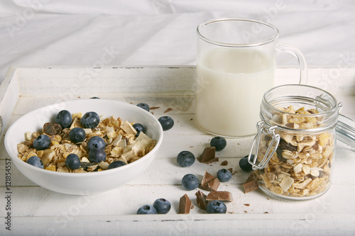 breakfast with cereals, blueberries, chocolate and milk 06534 photo
