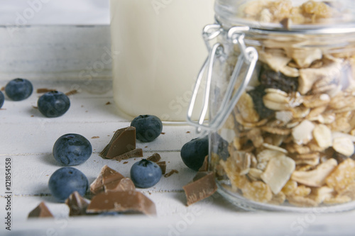 breakfast with cereals, blueberries, chocolate and milk 0651 photo
