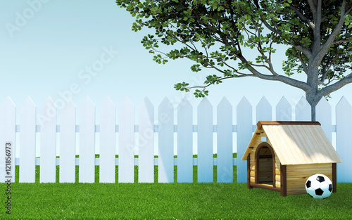 Foto Wooden dog kennel under tree shade on green grass meadow with soccer ball and wh