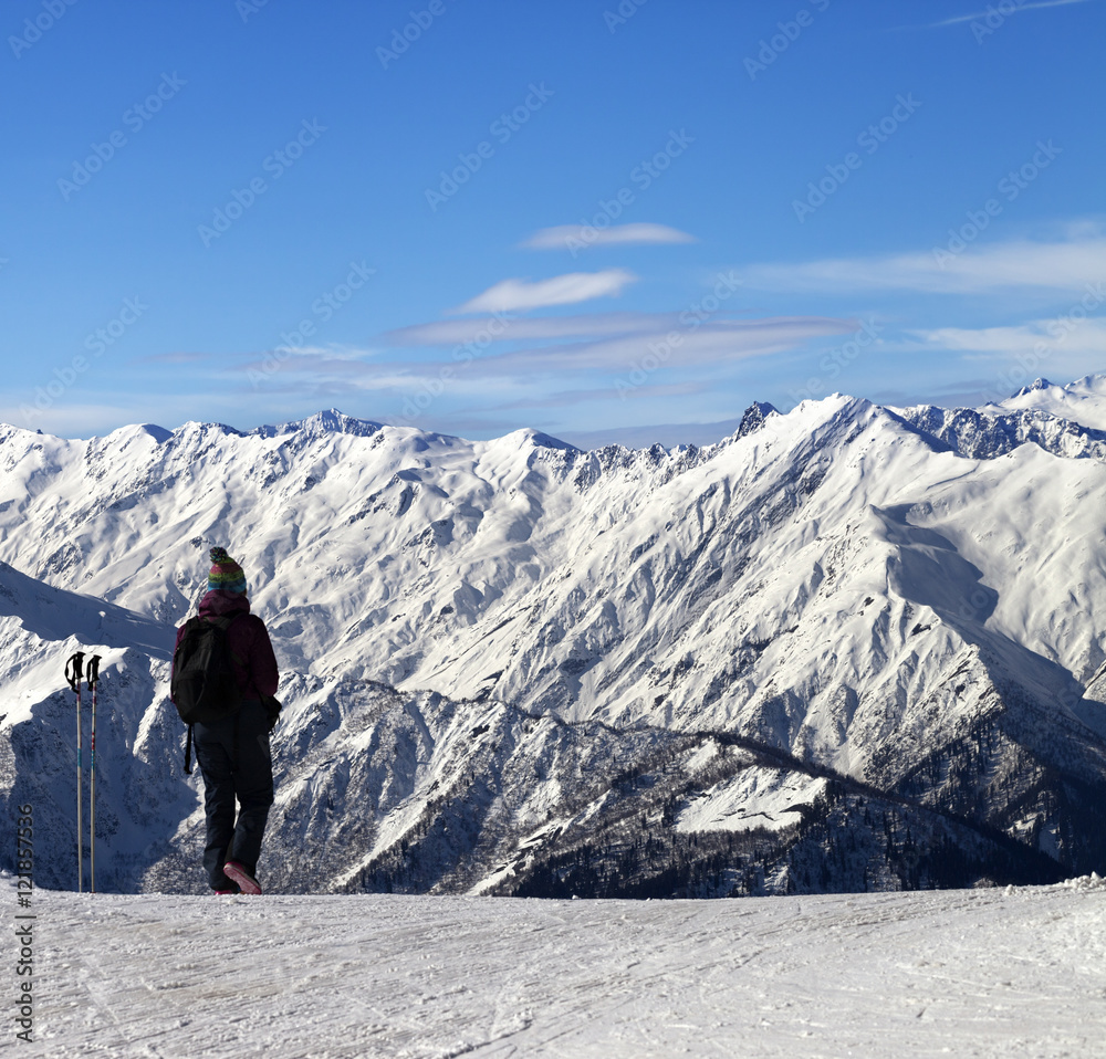 Women on ski slope in winter snow mountain at sun day Women on ski slope in winter snow mountain at sun day