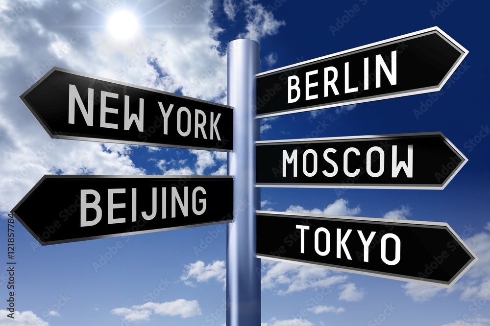 Obraz premium Signpost with 5 arrows - capital cities (Berlin, New York, Moscow, Beijing, Tokyo) - great for topics like traveling, international business/ trade, globalization etc.