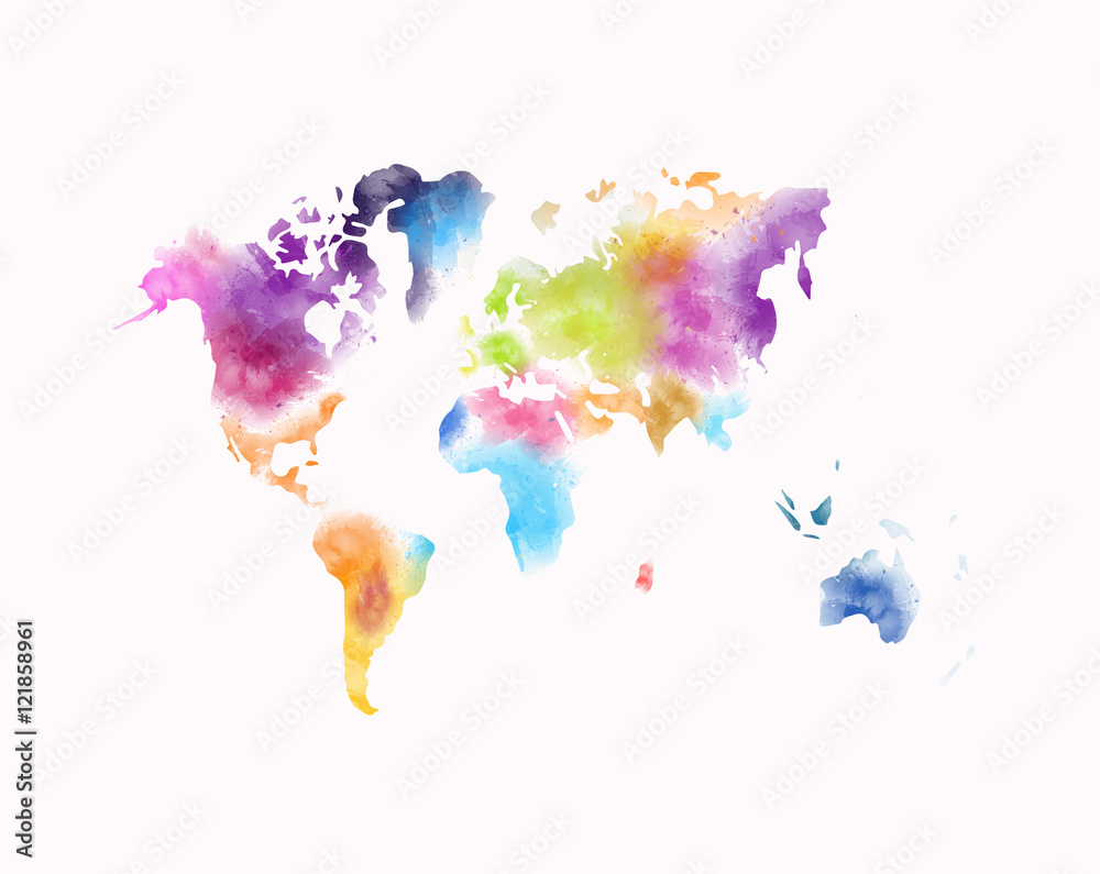 colorful watercolor world map painting isolated on white