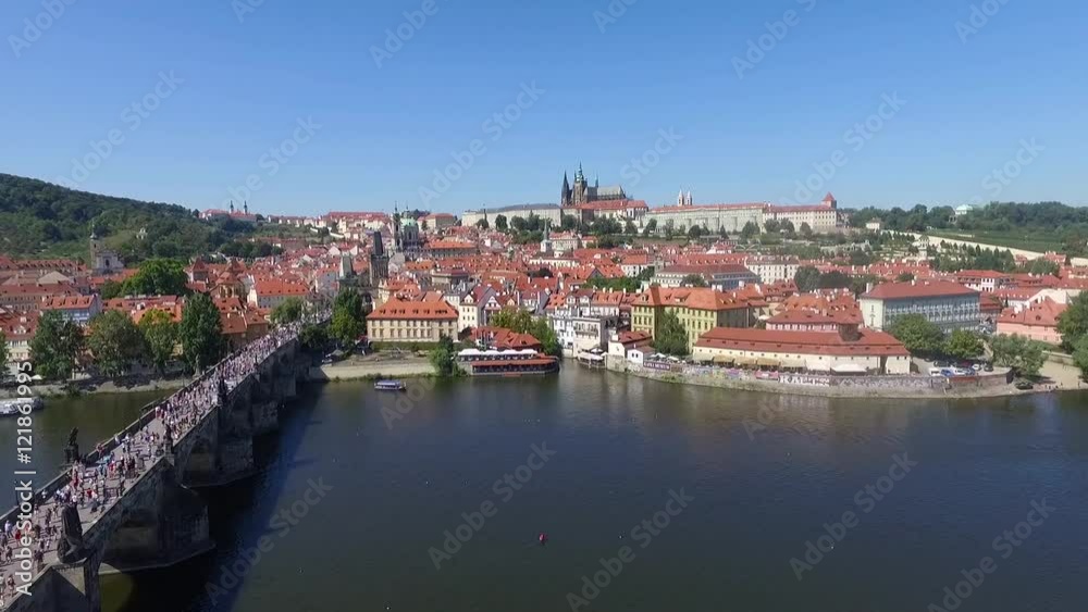 Prague city bridge over the river aerial view. Prague city bridge over the river aerial view.