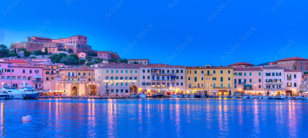 Obraz premium Night panorama over Portoferraio town of isola d'Elba, Elba island in Tuscany region, Italy.