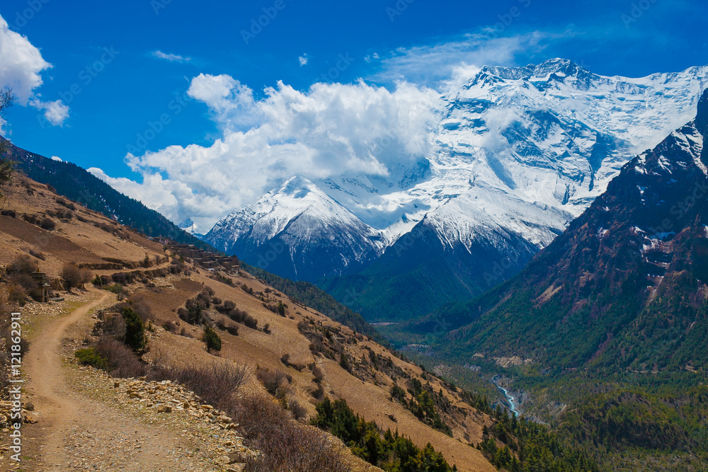 Landscape Snow Mountains Nature Viewpoint.Mountain Trekking Landscapes Background. Nobody photo.Asia Travel Sport.Horizontal picture. Sunlights White Clouds Blue Sky. Himalayas Rocks. Landscape Snow Mountains Nature Viewpoint.Mountain Trekking Landscapes Background. Nobody photo.Asia Travel Sport.Horizontal picture. Sunlights White Clouds Blue Sky. Himalayas Rocks.