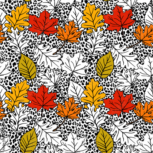 Leopard seamless pattern with  hand drawn colorful maple, oak, beech leaves. Autumn, fall design. Trendy vector illustration