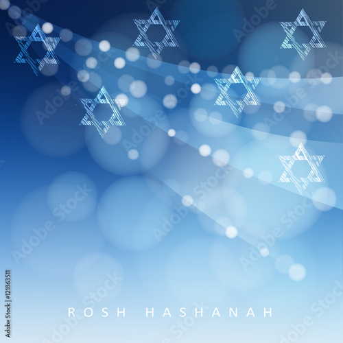Rosh Hashanah, Jewish New Year holiday or Hannukah greeting card with lights and Jewish stars. Modern blurred vector