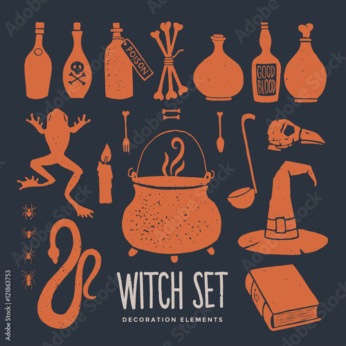 Halloween. Witch Objects. Witchcraft and magic. Set of decorative elements to decorate the posters and greeting card.